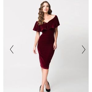 Unique Vintage burgundy red velvet wiggle dress
